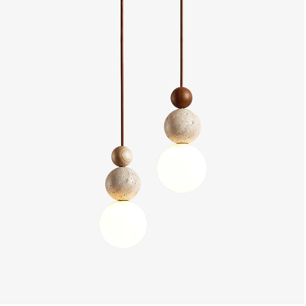Wabi Sabi Stone Wood Globe Pendant Light Japandi Travertine Lamp