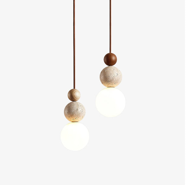Wabi Sabi Stone Wood Globe Pendant Light Japandi Travertine Lamp
