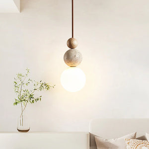 Wabi Sabi Stone Wood Globe Pendant Light Japandi Travertine Lamp
