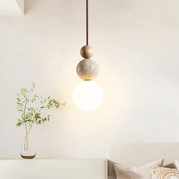 Wabi Sabi Stone Wood Globe Pendant Light Japandi Travertine Lamp