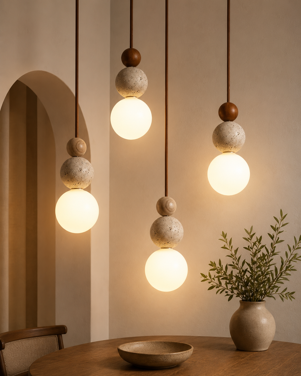 Wabi Sabi Stone Wood Globe Pendant Light Japandi Travertine Lamp