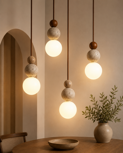 Wabi Sabi Stone Wood Globe Pendant Light Japandi Travertine Lamp