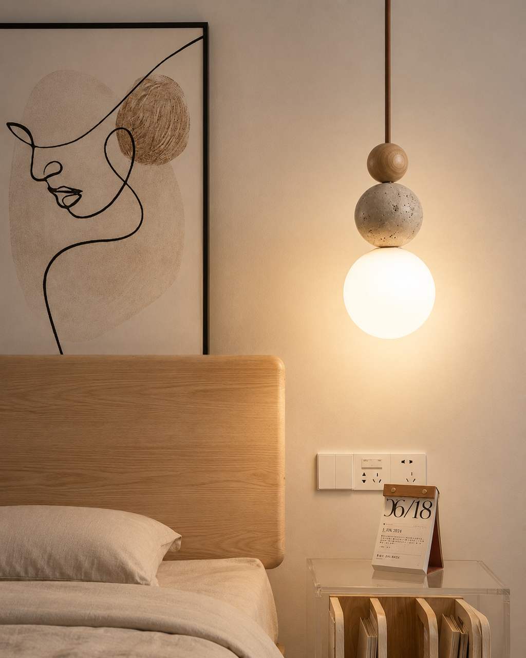Wabi Sabi Stone Wood Globe Pendant Light Japandi Travertine Lamp