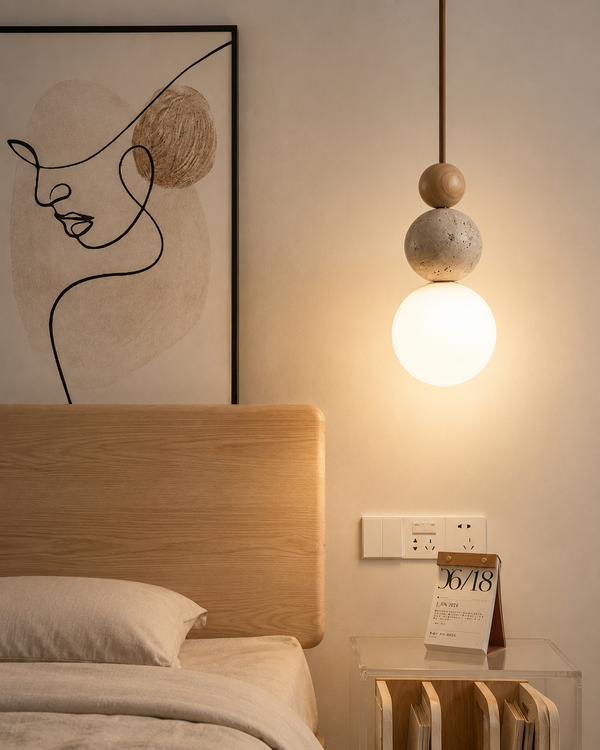 Wabi Sabi Stone Wood Globe Pendant Light Japandi Travertine Lamp