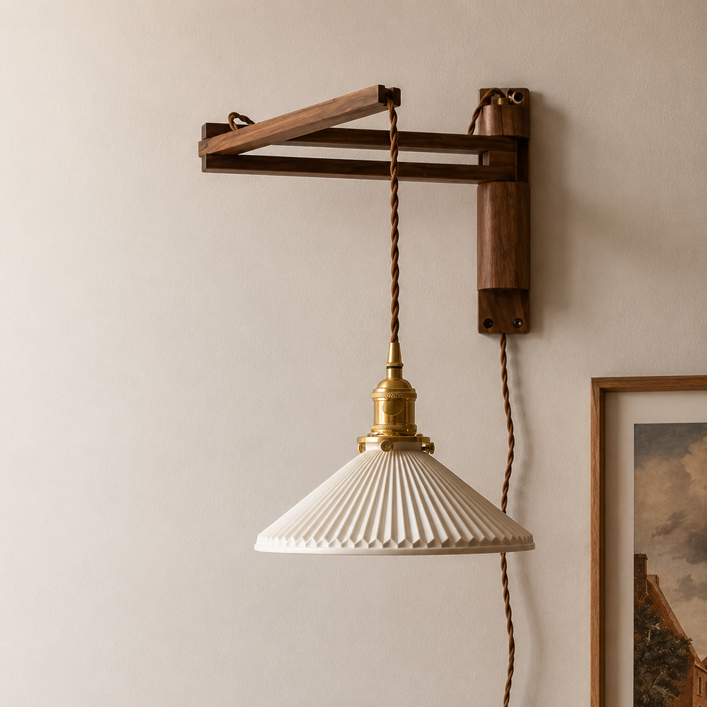 Pleated Ceramic Wooden Swing Arm Wall Light Plug In Sconce