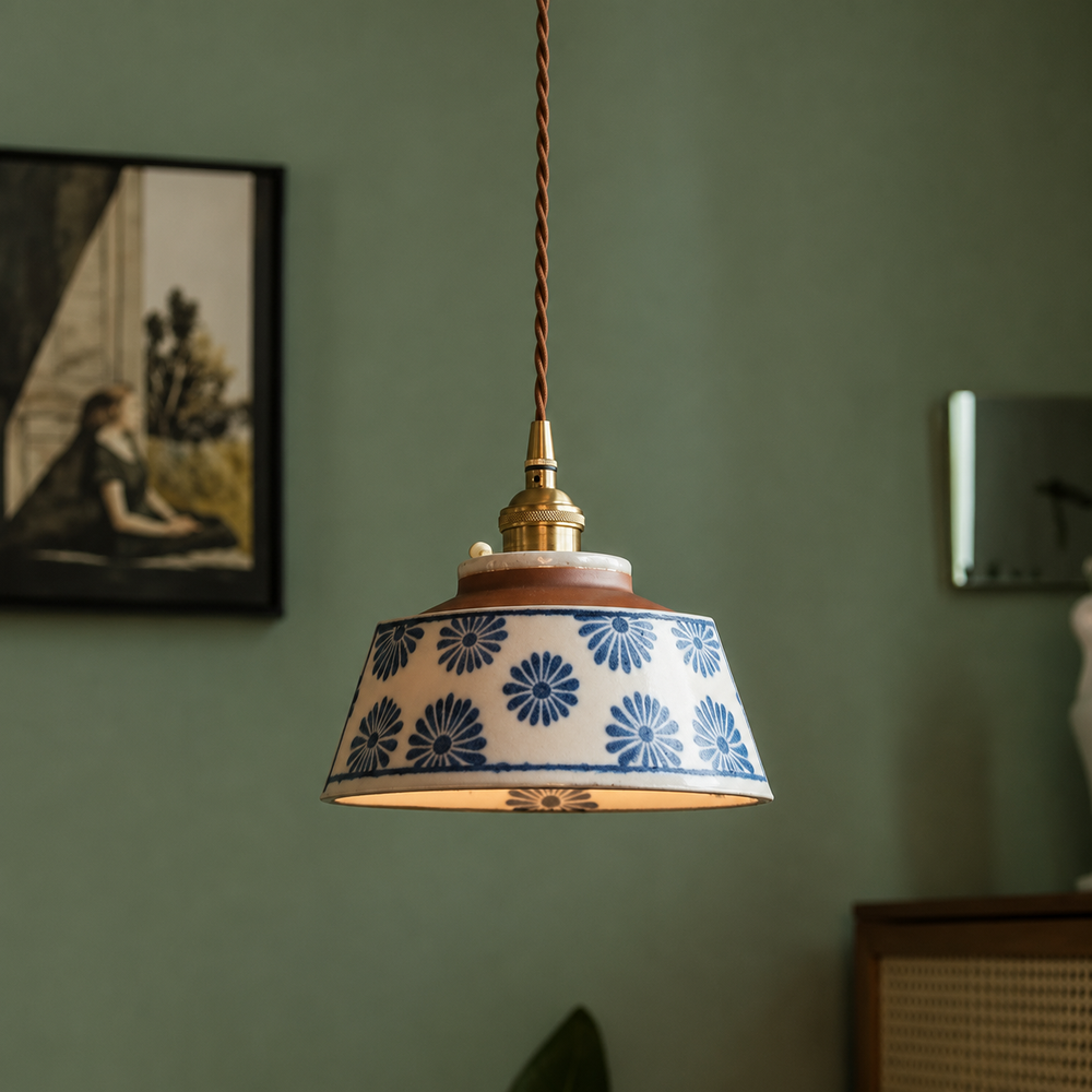 Hand Painted Ceramic Pendant Light Vintage Floral Hanging Lamp