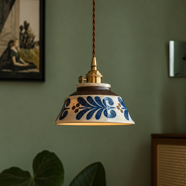 Hand Painted Ceramic Pendant Light Vintage Floral Hanging Lamp